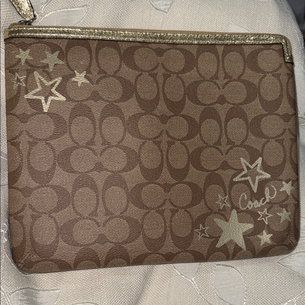 Coach Signature laptop Brown Wristlet with Gold Star Accents